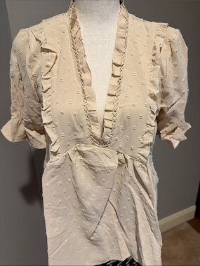 Ruffled V-Neck Swiss Dot Blouse in Cream